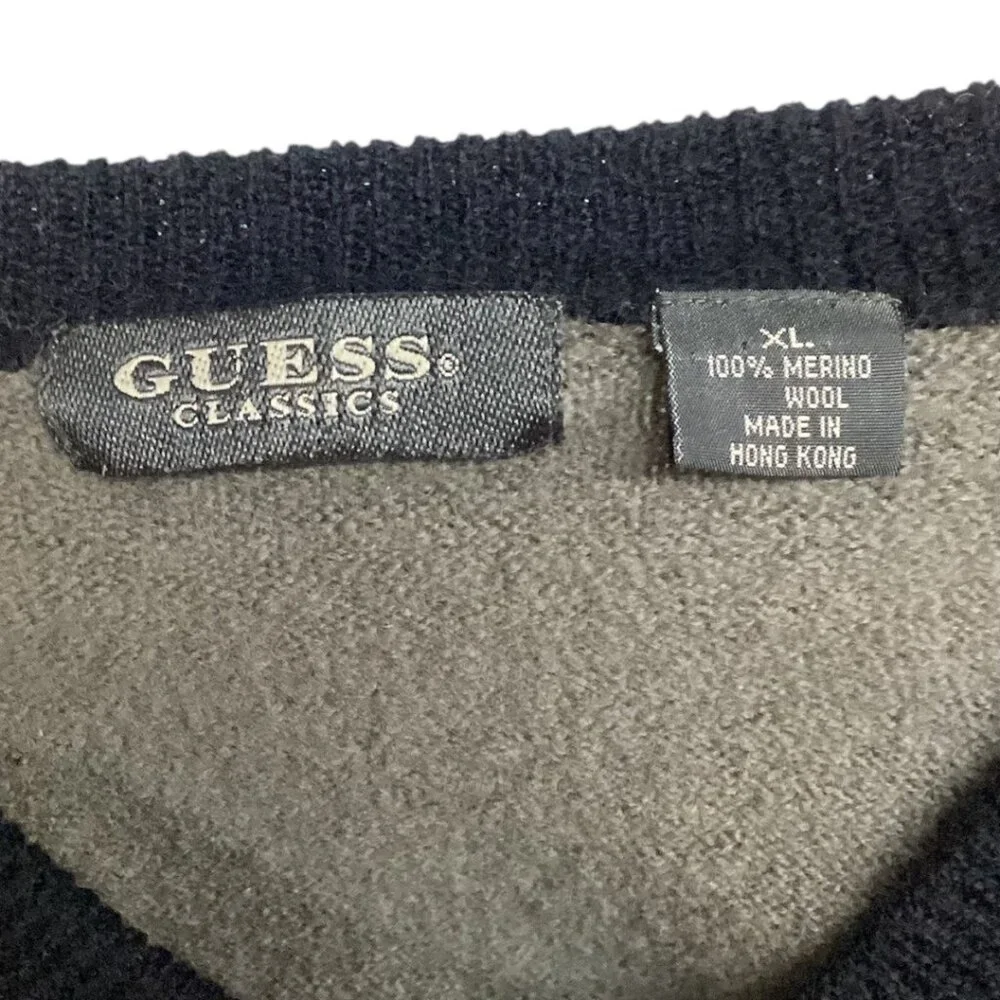 Vintage‎ Guess Classics Gray & Black Merino Wool V-Neck Sweater Vest - Men's XL
